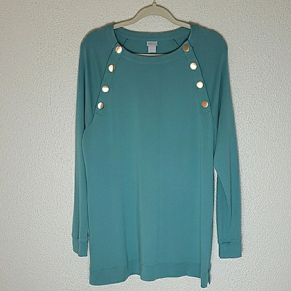 Chico's Teal Tunic Sweatshirt Prima Cotton Scoop Neck Gold Button Trim Size 2X - Picture 2 of 12